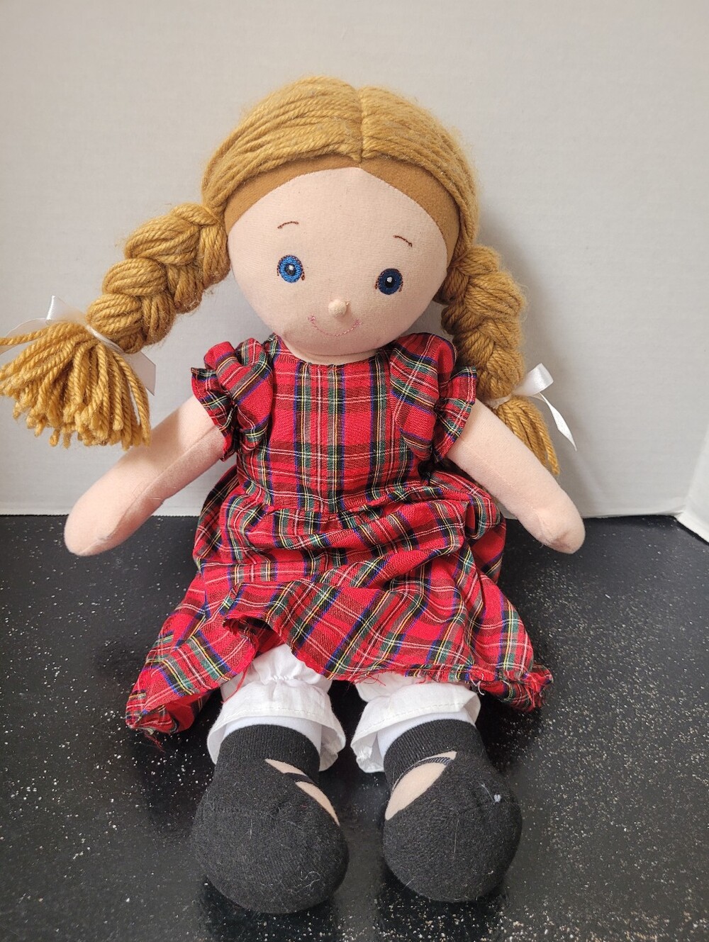 Little Sister Doll By Miles Kimball 11 Inch With Plaid Dresss and Yarn Braids